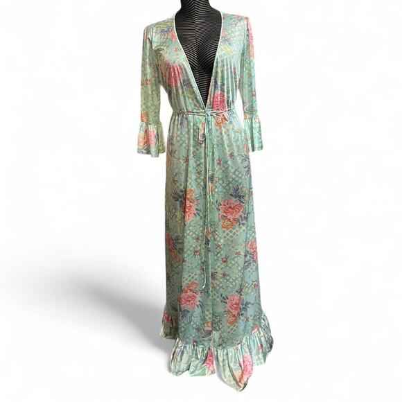 Vintage Vanity Fair blue pink floral robe lingerie ruffled sleeves hem size s - Picture 2 of 6